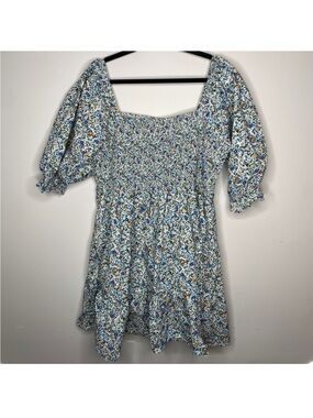 Arula Floral Smocked Square Neck Puff Sleeve Mini Dress tunic‎ White Blue Yellow